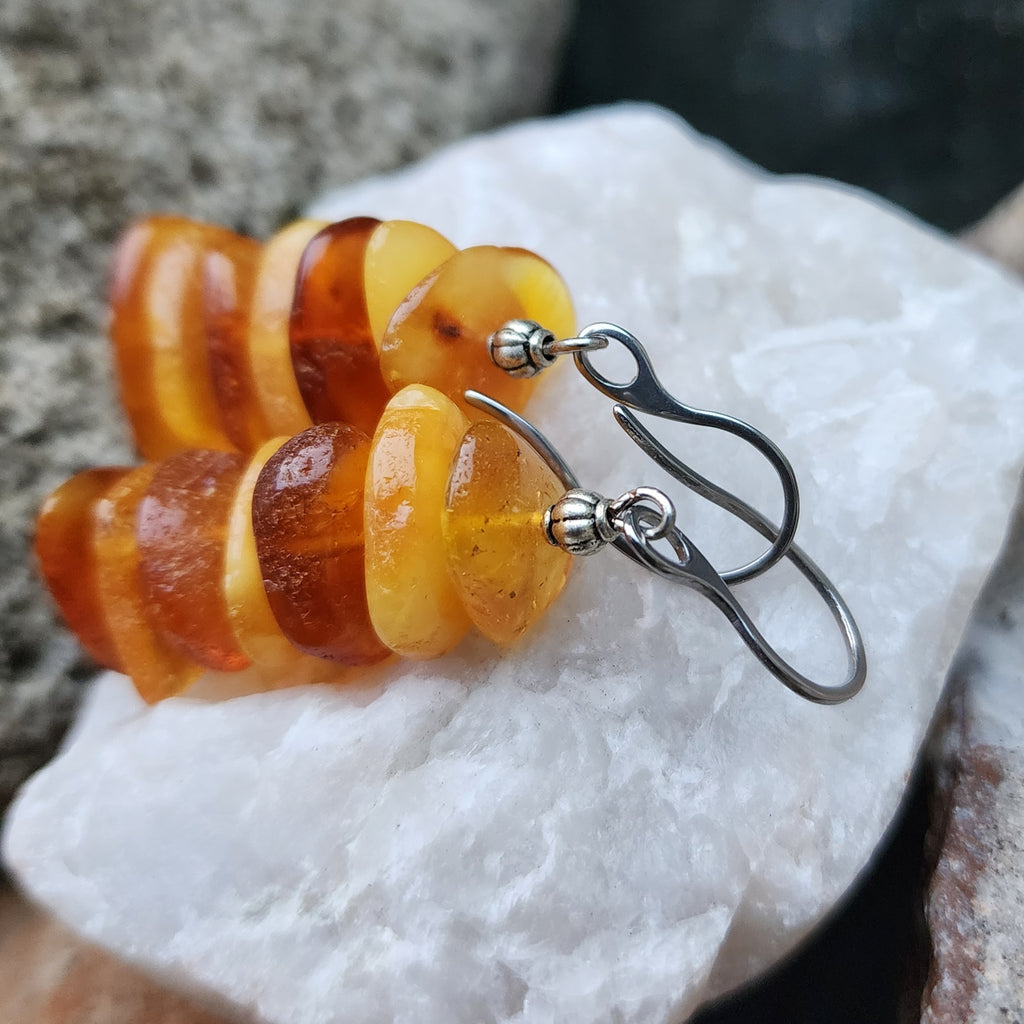 Ear Candy / Designer Jewelry Raw Amber Stone Earrings Hypoallergenic Surgical Steel Hooks Natural Amber Gift for Momen