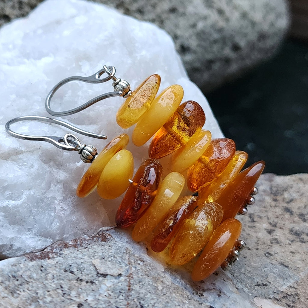 Ear Candy / Designer Jewelry Raw Amber Stone Earrings Hypoallergenic Surgical Steel Hooks Natural Amber Gift for Momen