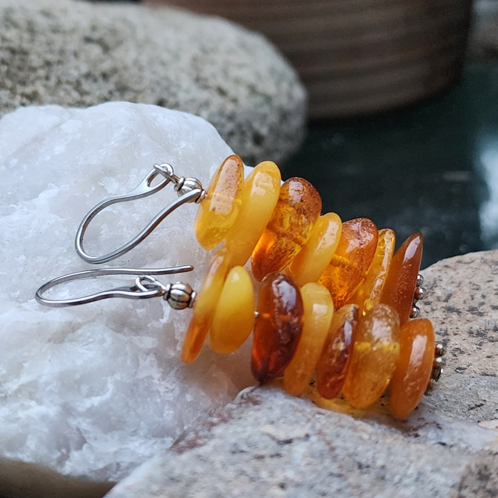 Ear Candy / Designer Jewelry Raw Amber Stone Earrings Hypoallergenic Surgical Steel Hooks Natural Amber Gift for Momen