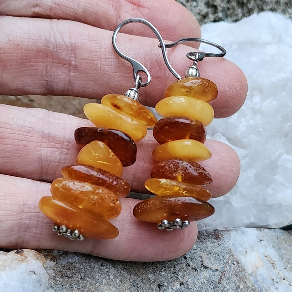 Ear Candy / Designer Jewelry Raw Amber Stone Earrings Hypoallergenic Surgical Steel Hooks Natural Amber Gift for Momen