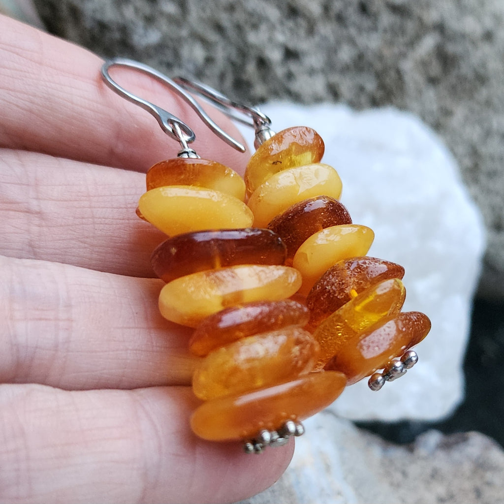 Ear Candy / Designer Jewelry Raw Amber Stone Earrings Hypoallergenic Surgical Steel Hooks Natural Amber Gift for Momen