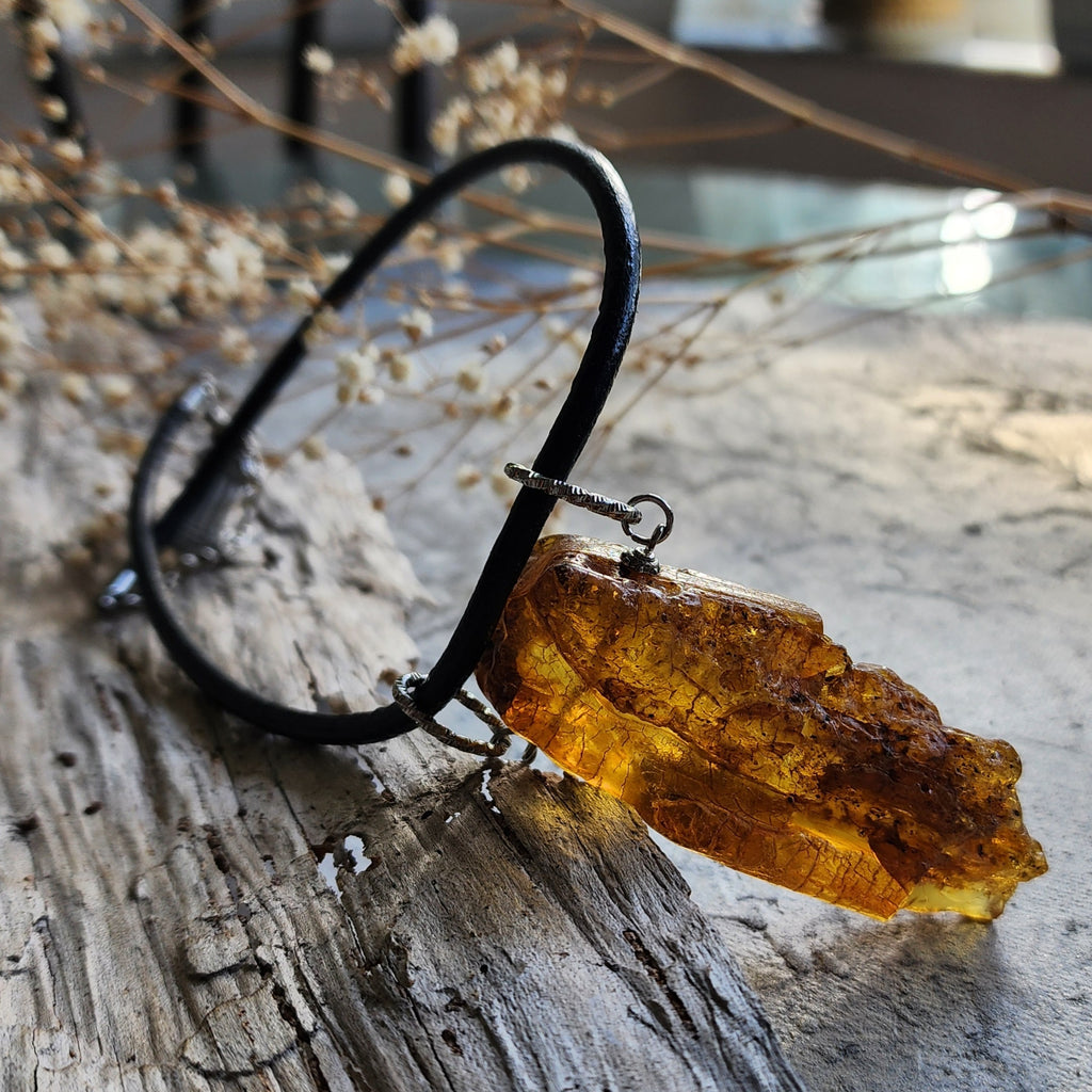 Bohemian Lover / Designer Jewelry Raw Amber Nugget Pendant Hypoallergenic Surgical Steel Necklace Natural Amber Gift for Momen