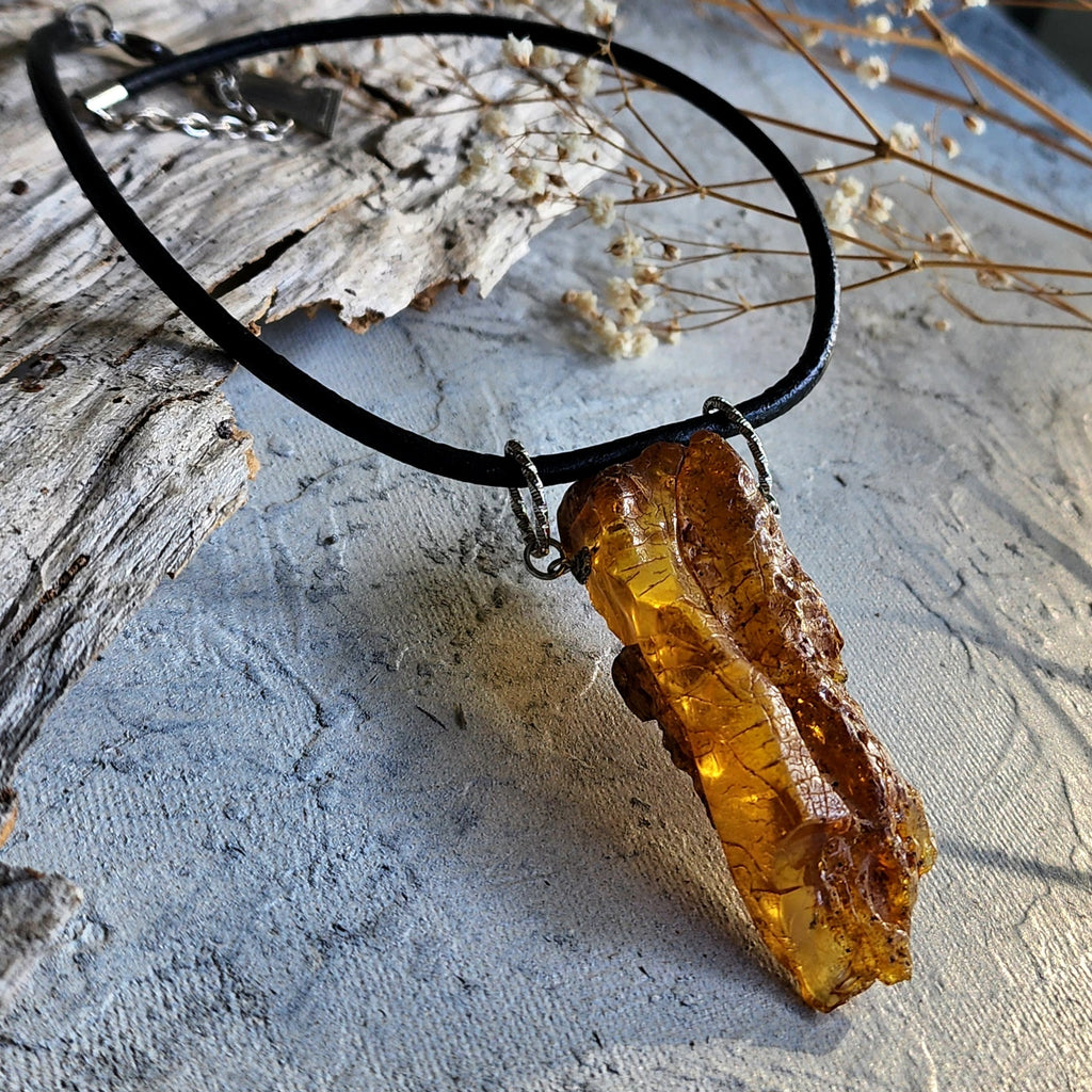 Bohemian Lover / Designer Jewelry Raw Amber Nugget Pendant Hypoallergenic Surgical Steel Necklace Natural Amber Gift for Momen