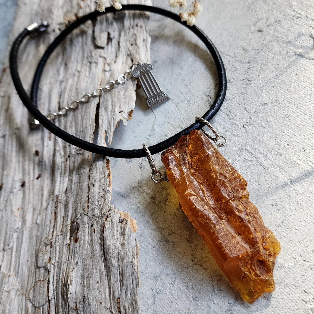 Bohemian Lover / Designer Jewelry Raw Amber Nugget Pendant Hypoallergenic Surgical Steel Necklace Natural Amber Gift for Momen