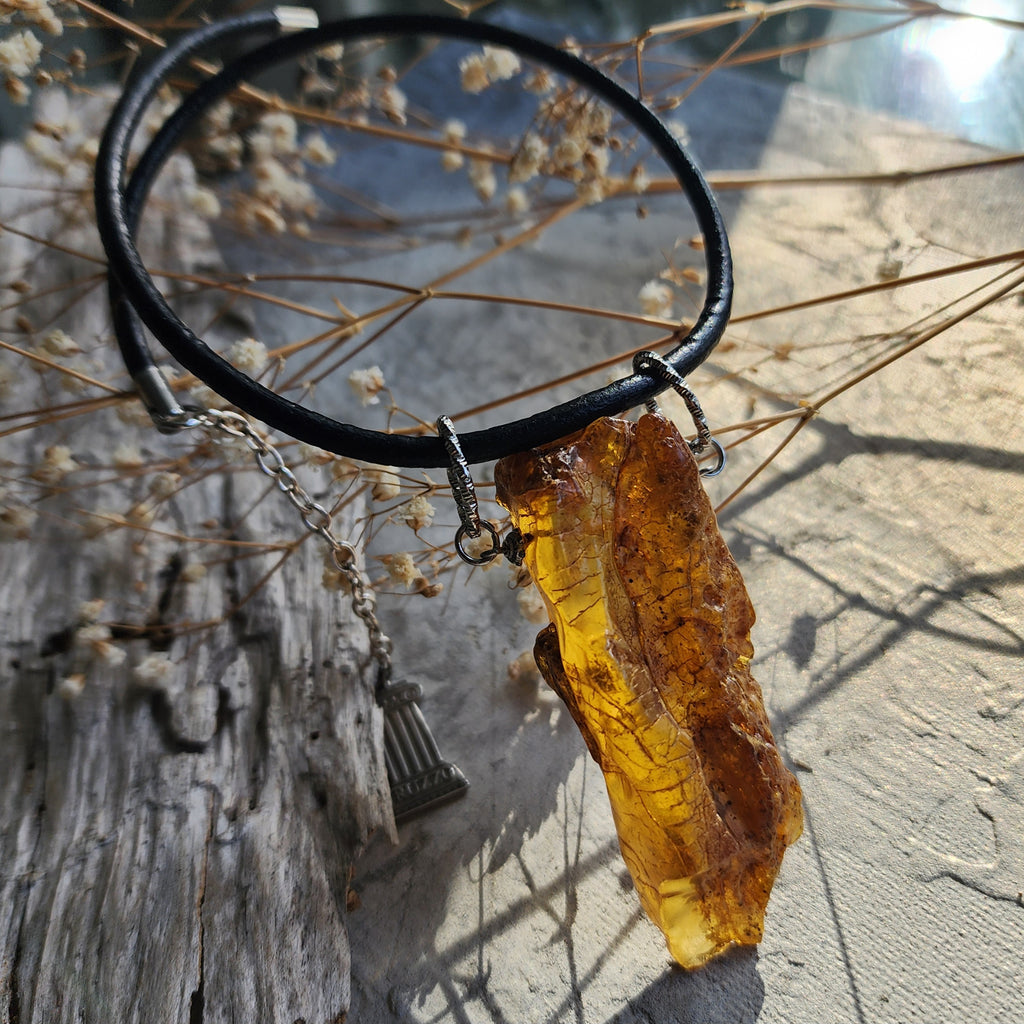 Bohemian Lover / Designer Jewelry Raw Amber Nugget Pendant Hypoallergenic Surgical Steel Necklace Natural Amber Gift for Momen