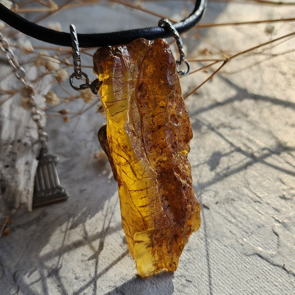 Bohemian Lover / Designer Jewelry Raw Amber Nugget Pendant Hypoallergenic Surgical Steel Necklace Natural Amber Gift for Momen