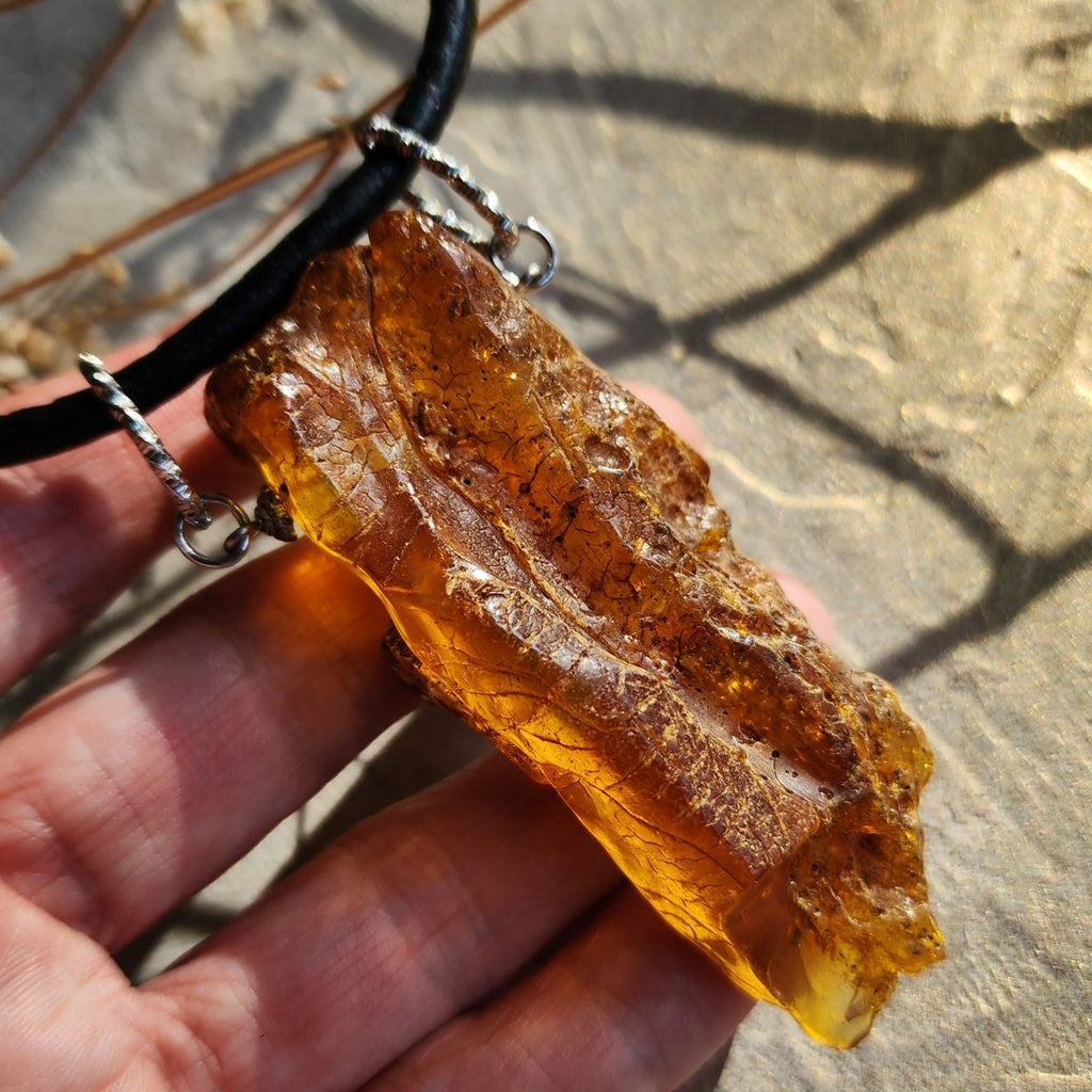 Bohemian Lover / Designer Jewelry Raw Amber Nugget Pendant Hypoallergenic Surgical Steel Necklace Natural Amber Gift for Momen