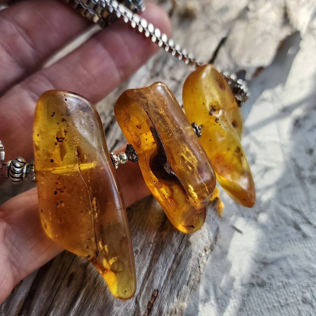 Ivanka / Designer Jewelry Raw Amber Stone Pendant Hypoallergenic Surgical Steel Necklace with Natural Amber Gift for Momen