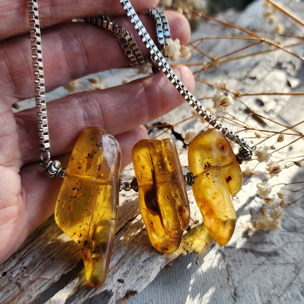 Ivanka / Designer Jewelry Raw Amber Stone Pendant Hypoallergenic Surgical Steel Necklace with Natural Amber Gift for Momen