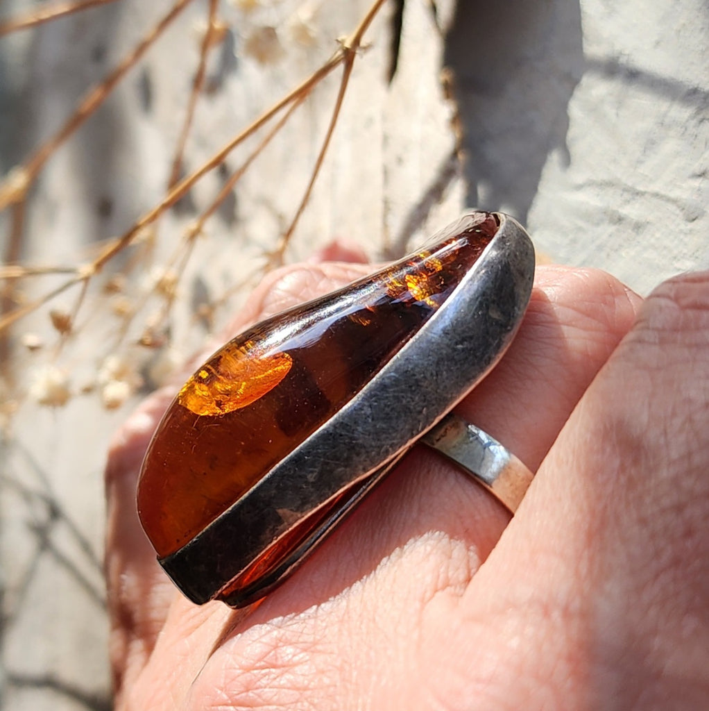 Dial For Drama / Designer Jewelry Raw Amber Stone Artisan Ring Hypoallergenic Silver 925 Ring with Natural Amber Gift Momen