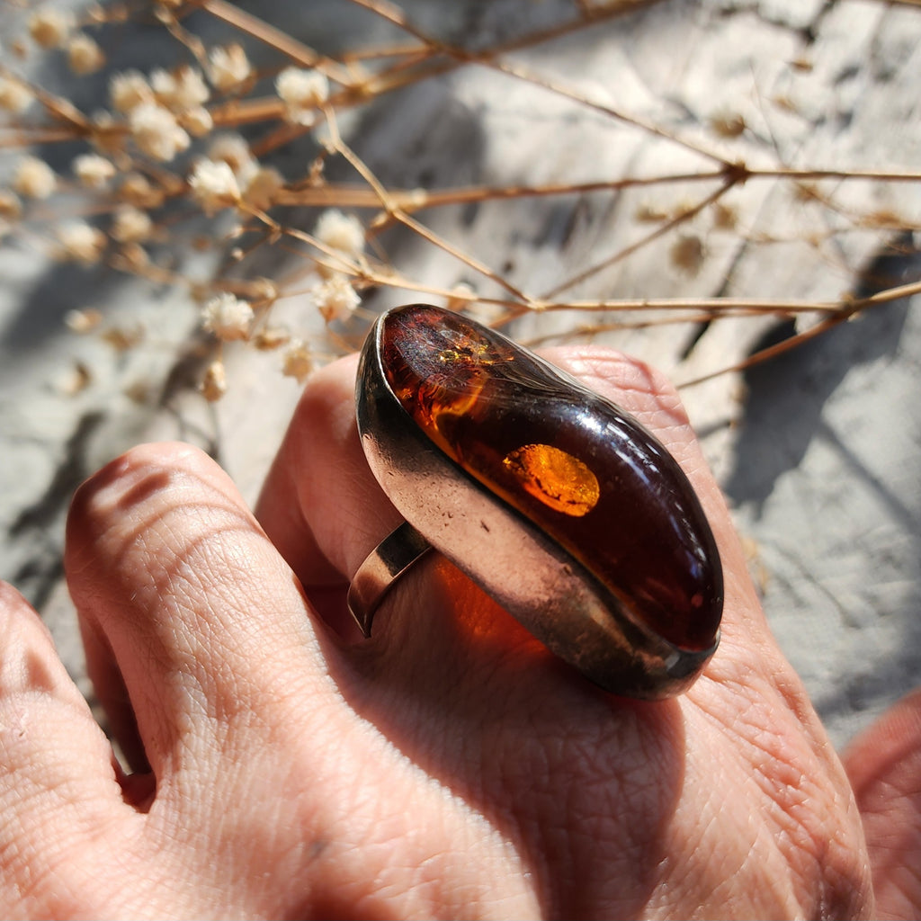 Dial For Drama / Designer Jewelry Raw Amber Stone Artisan Ring Hypoallergenic Silver 925 Ring with Natural Amber Gift Momen