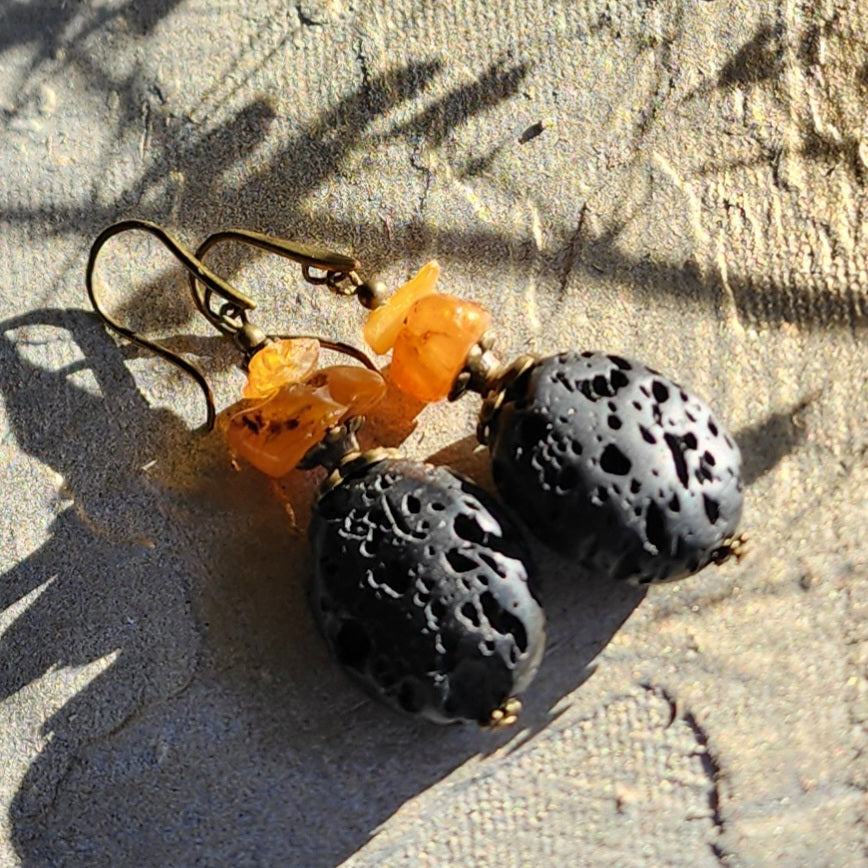 Nature / Designer Jewelry Raw Amber Stone Earrings Hypoallergenic Antique Gold Bronze with Natural Amber Gift for Momen