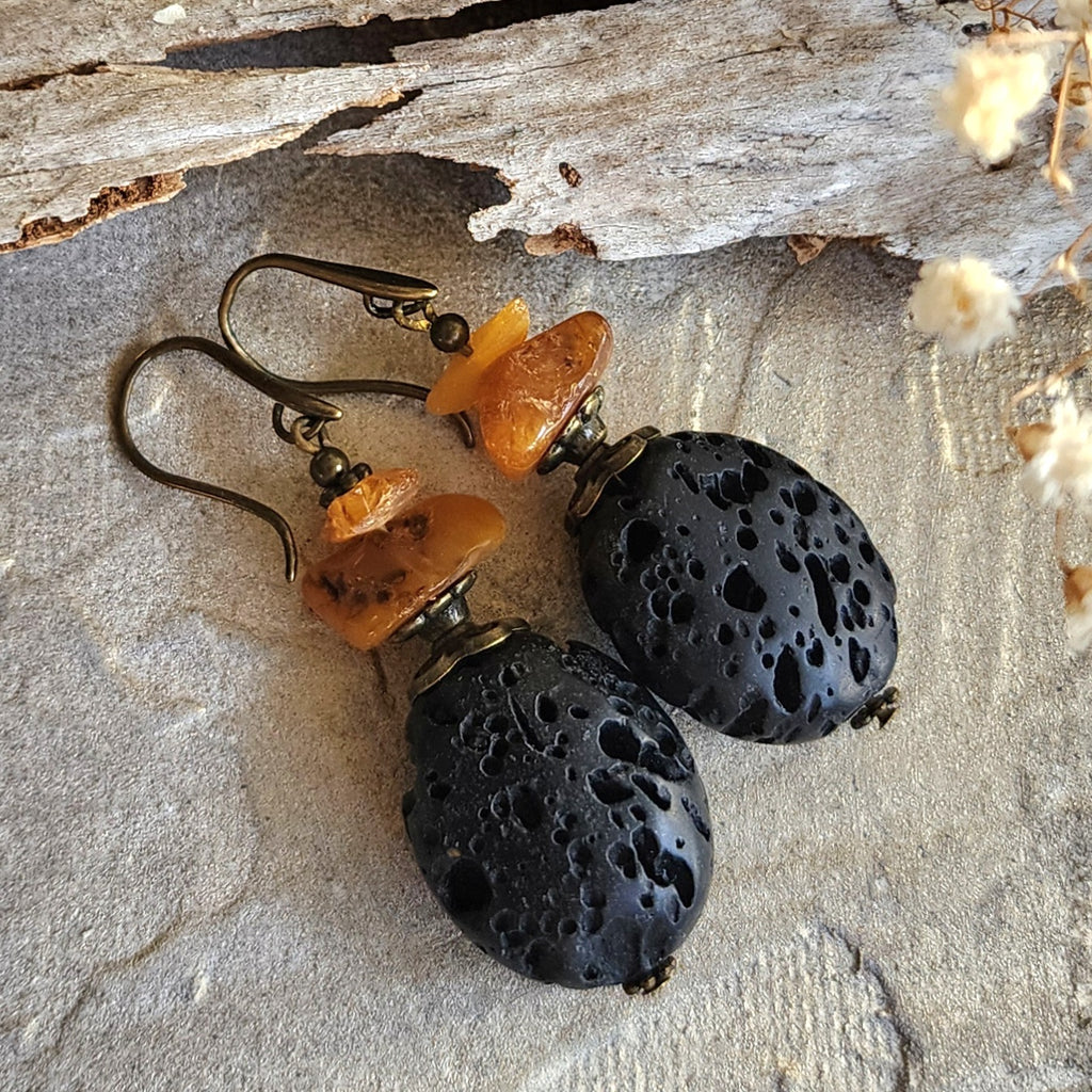 Nature / Designer Jewelry Raw Amber Stone Earrings Hypoallergenic Antique Gold Bronze with Natural Amber Gift for Momen