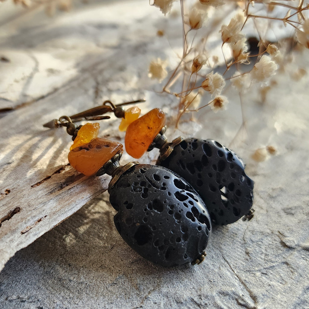Nature / Designer Jewelry Raw Amber Stone Earrings Hypoallergenic Antique Gold Bronze with Natural Amber Gift for Momen