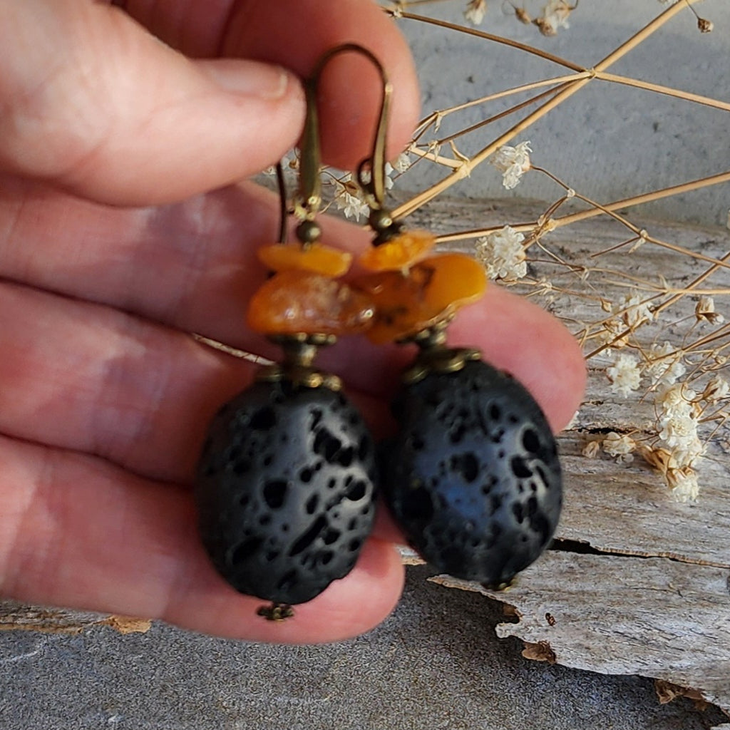 Nature / Designer Jewelry Raw Amber Stone Earrings Hypoallergenic Antique Gold Bronze with Natural Amber Gift for Momen