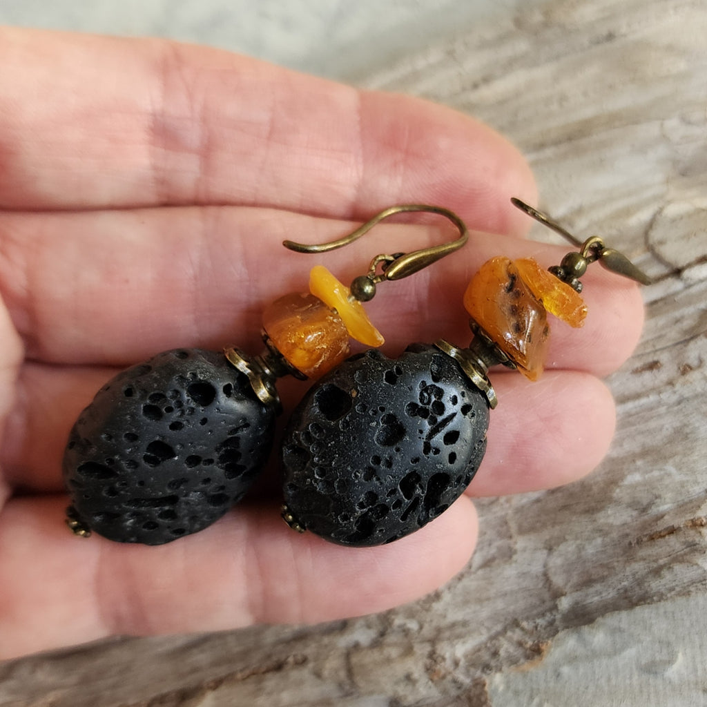 Nature / Designer Jewelry Raw Amber Stone Earrings Hypoallergenic Antique Gold Bronze with Natural Amber Gift for Momen