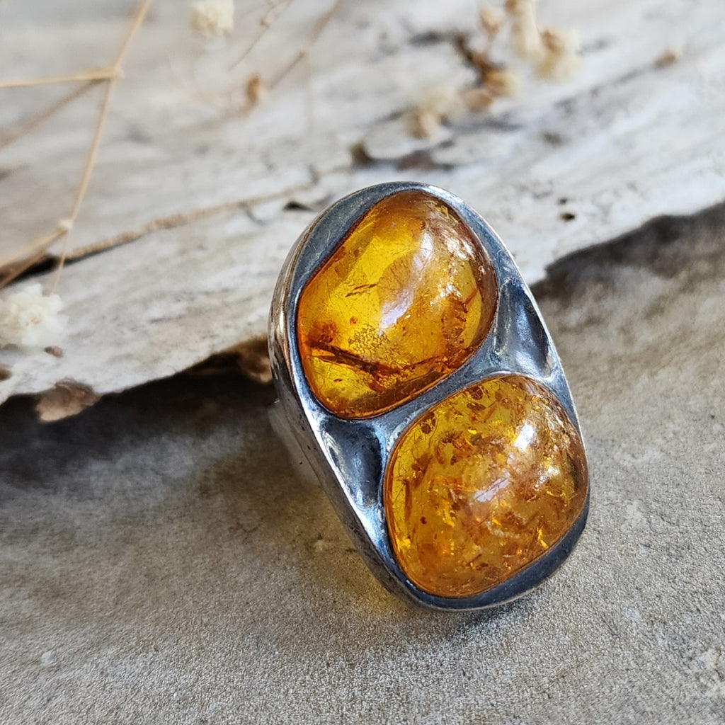 Two Moon / 7 / Designer Jewelry Raw Amber Stone Unique Ring Hypoallergenic Silver 925 Ring Natural Amber Gift for Momen