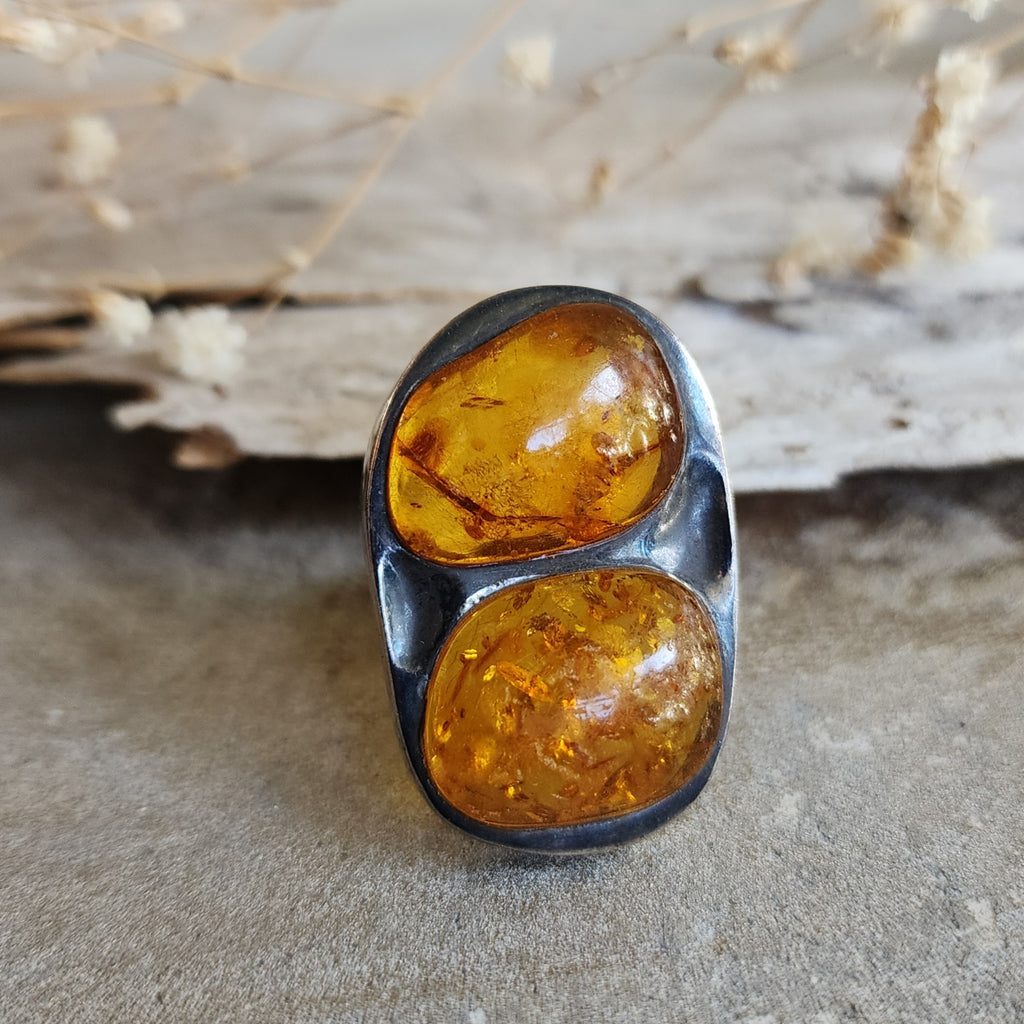 Two Moon / 7 / Designer Jewelry Raw Amber Stone Unique Ring Hypoallergenic Silver 925 Ring Natural Amber Gift for Momen