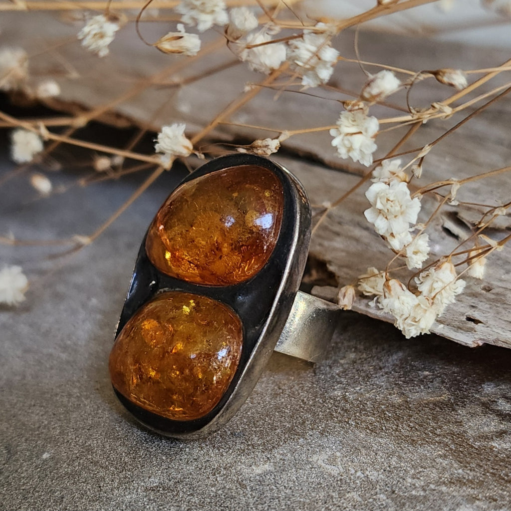 Two Moon / 7 / Designer Jewelry Raw Amber Stone Unique Ring Hypoallergenic Silver 925 Ring Natural Amber Gift for Momen
