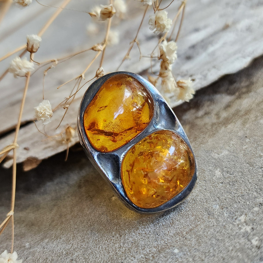 Two Moon / 7 / Designer Jewelry Raw Amber Stone Unique Ring Hypoallergenic Silver 925 Ring Natural Amber Gift for Momen