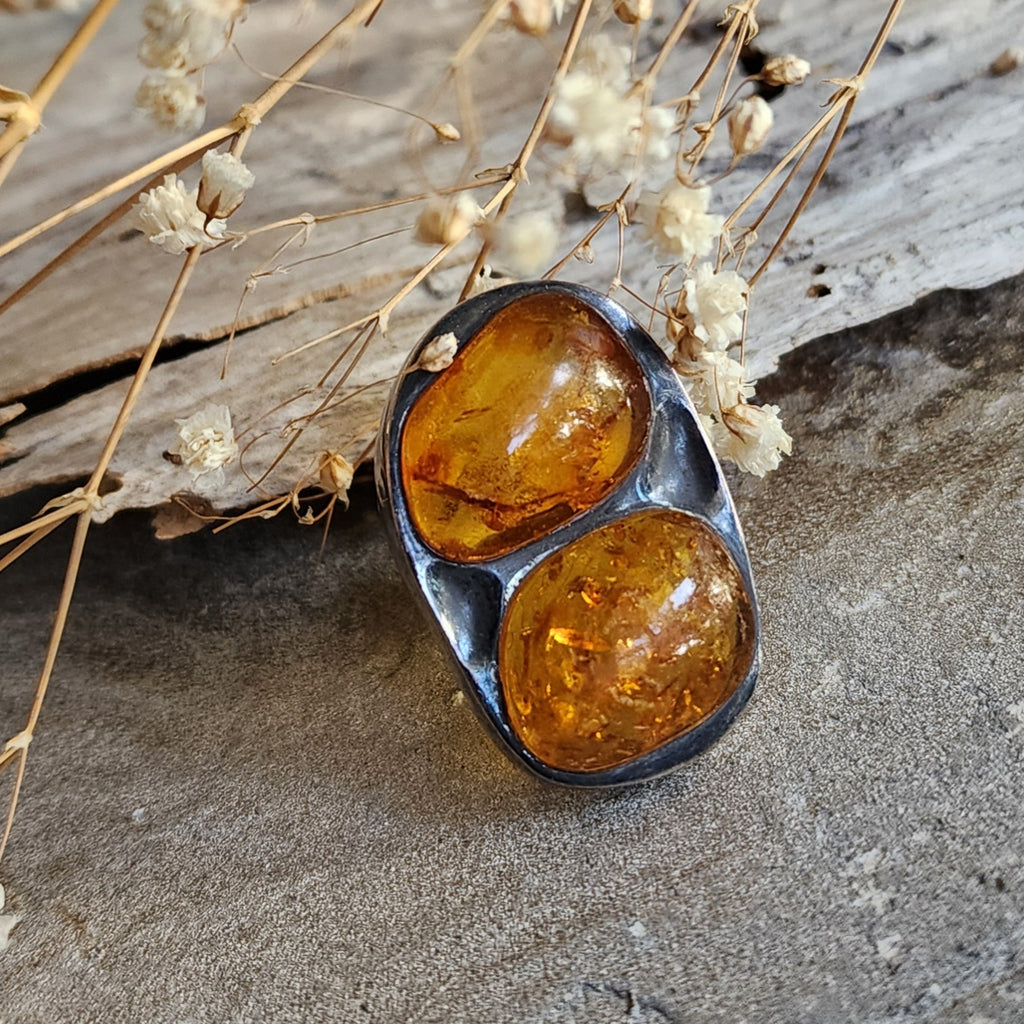 Two Moon / 7 / Designer Jewelry Raw Amber Stone Unique Ring Hypoallergenic Silver 925 Ring Natural Amber Gift for Momen