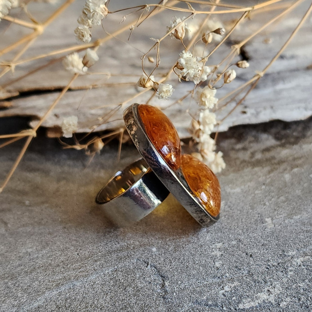Two Moon / 7 / Designer Jewelry Raw Amber Stone Unique Ring Hypoallergenic Silver 925 Ring Natural Amber Gift for Momen