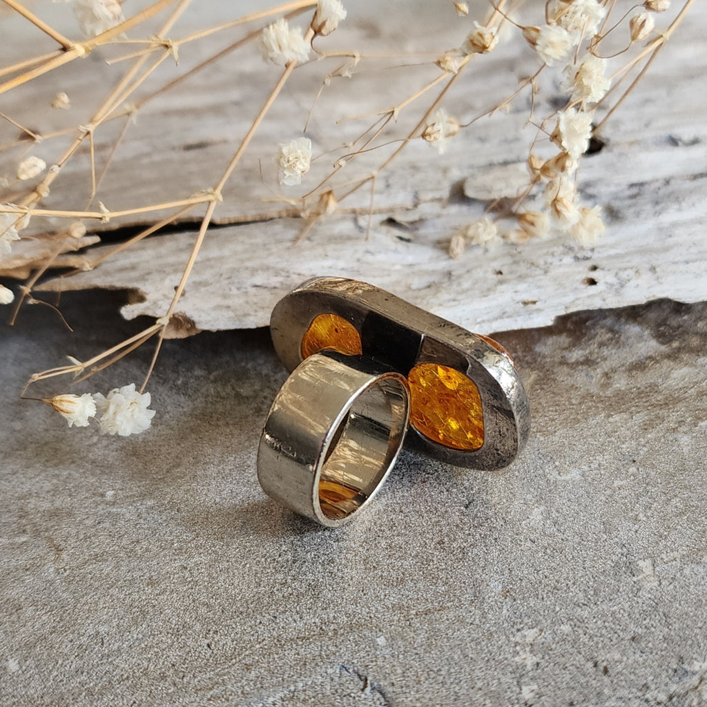 Two Moon / 7 / Designer Jewelry Raw Amber Stone Unique Ring Hypoallergenic Silver 925 Ring Natural Amber Gift for Momen