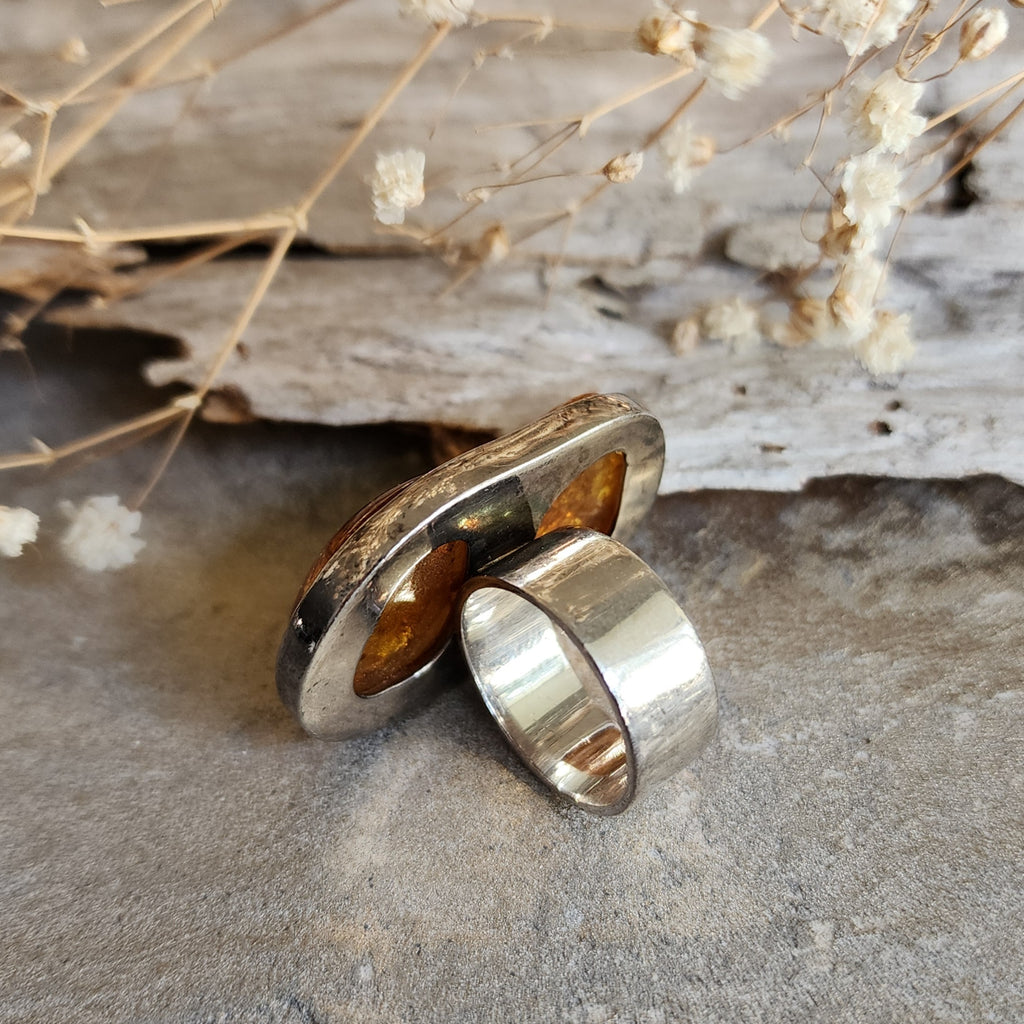 Two Moon / 7 / Designer Jewelry Raw Amber Stone Unique Ring Hypoallergenic Silver 925 Ring Natural Amber Gift for Momen