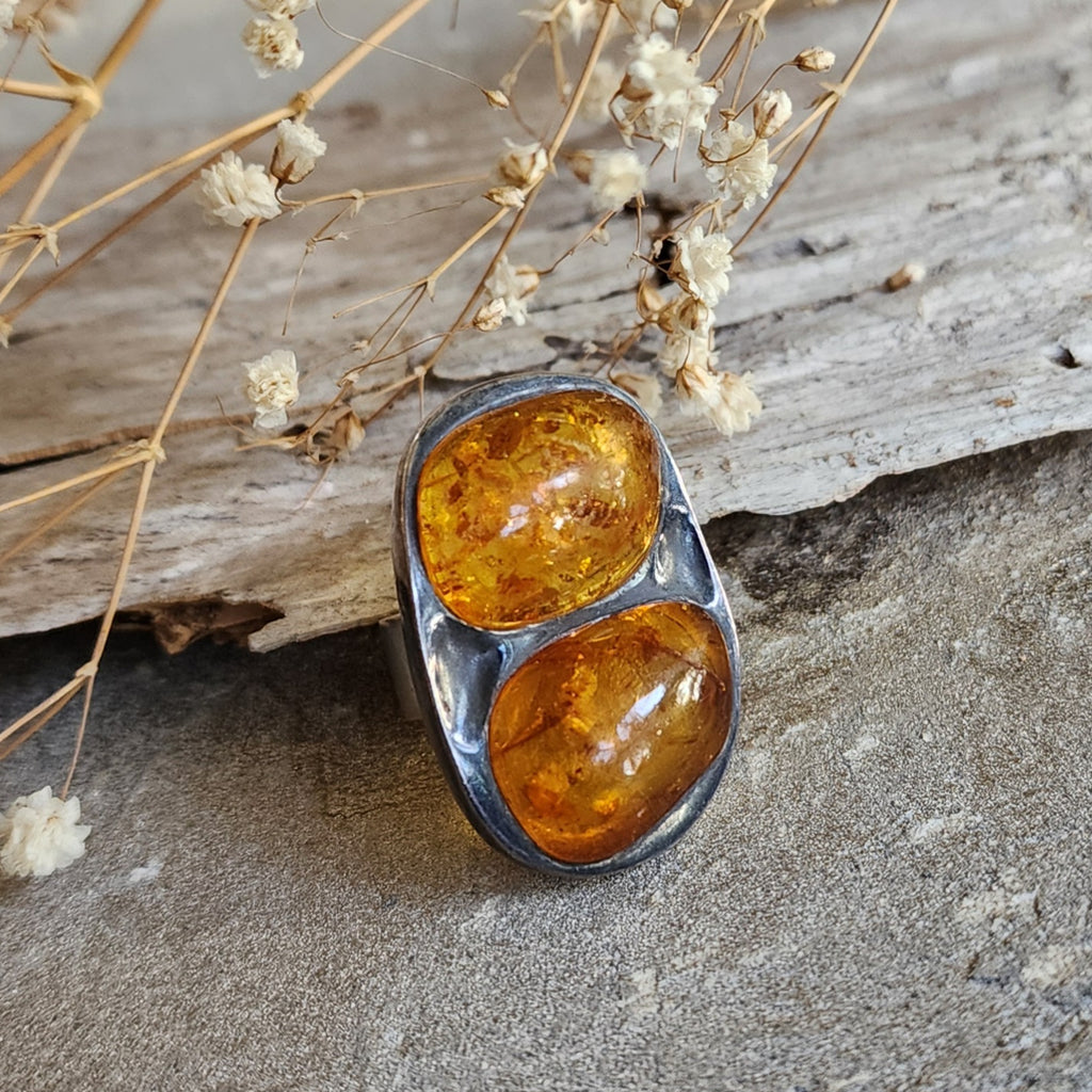 Two Moon / 7 / Designer Jewelry Raw Amber Stone Unique Ring Hypoallergenic Silver 925 Ring Natural Amber Gift for Momen