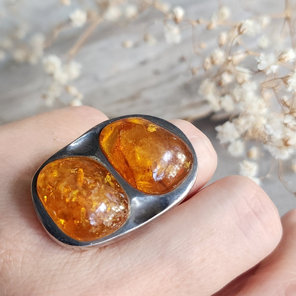 Two Moon / 7 / Designer Jewelry Raw Amber Stone Unique Ring Hypoallergenic Silver 925 Ring Natural Amber Gift for Momen