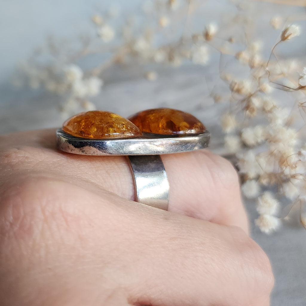Two Moon / 7 / Designer Jewelry Raw Amber Stone Unique Ring Hypoallergenic Silver 925 Ring Natural Amber Gift for Momen