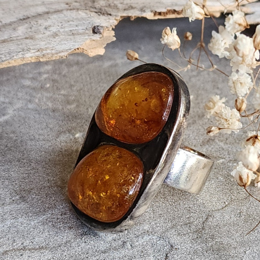 Two Moon / 7 / Designer Jewelry Raw Amber Stone Unique Ring Hypoallergenic Silver 925 Ring Natural Amber Gift for Momen