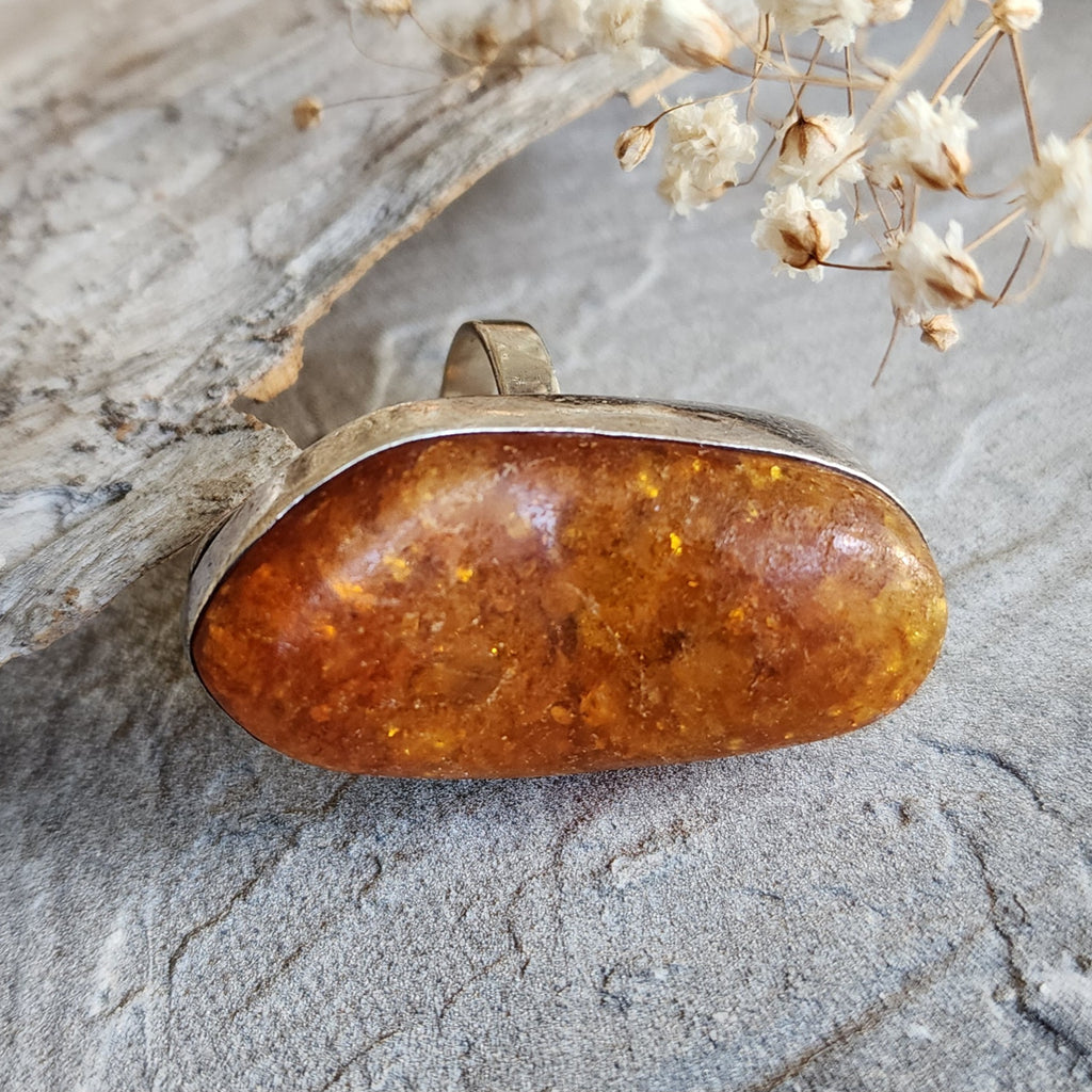 Contemp / 9.2 / Designer Jewelry Raw Amber Stone 925 Silver Ring Hypoallergenic Jewelry Ring with Natural Amber Gift for Momen