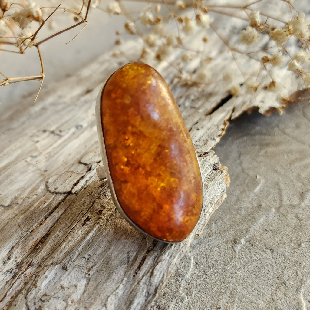 Contemp / 9.2 / Designer Jewelry Raw Amber Stone 925 Silver Ring Hypoallergenic Jewelry Ring with Natural Amber Gift for Momen
