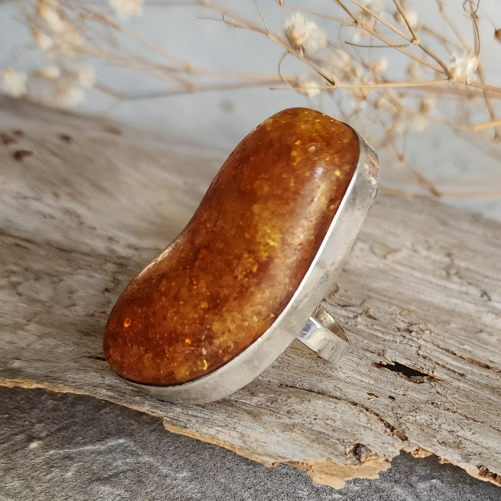 Contemp / 9.2 / Designer Jewelry Raw Amber Stone 925 Silver Ring Hypoallergenic Jewelry Ring with Natural Amber Gift for Momen