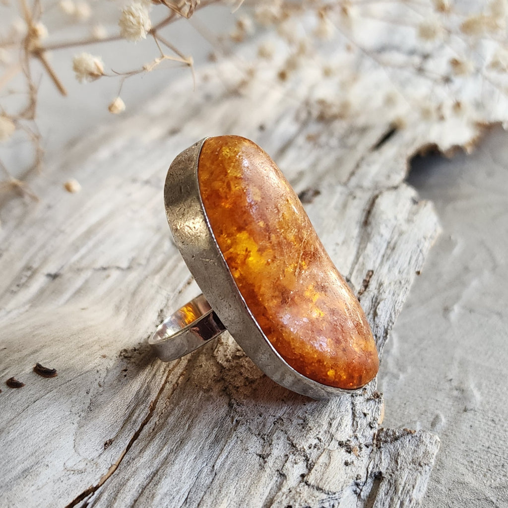 Contemp / 9.2 / Designer Jewelry Raw Amber Stone 925 Silver Ring Hypoallergenic Jewelry Ring with Natural Amber Gift for Momen