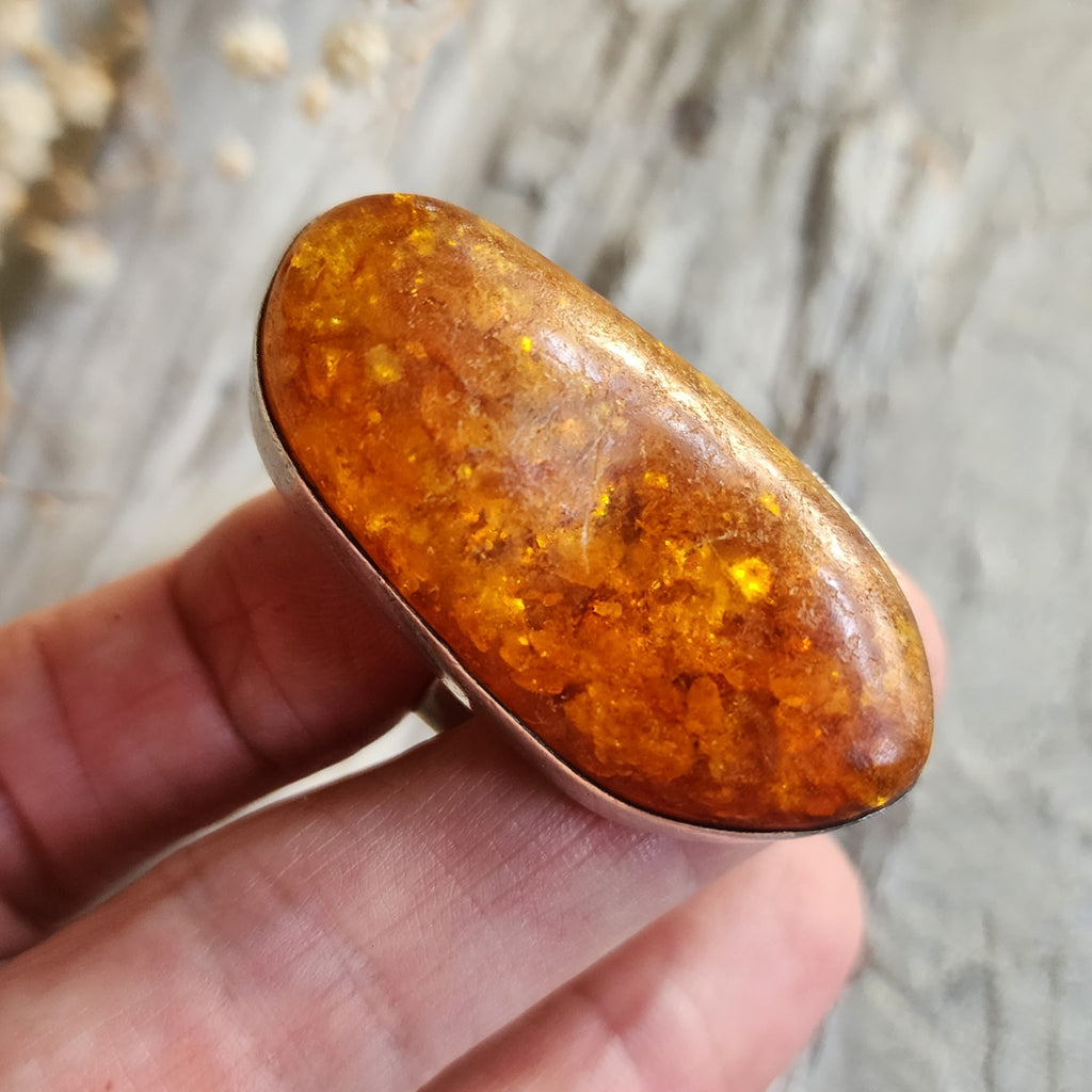 Contemp / 9.2 / Designer Jewelry Raw Amber Stone 925 Silver Ring Hypoallergenic Jewelry Ring with Natural Amber Gift for Momen