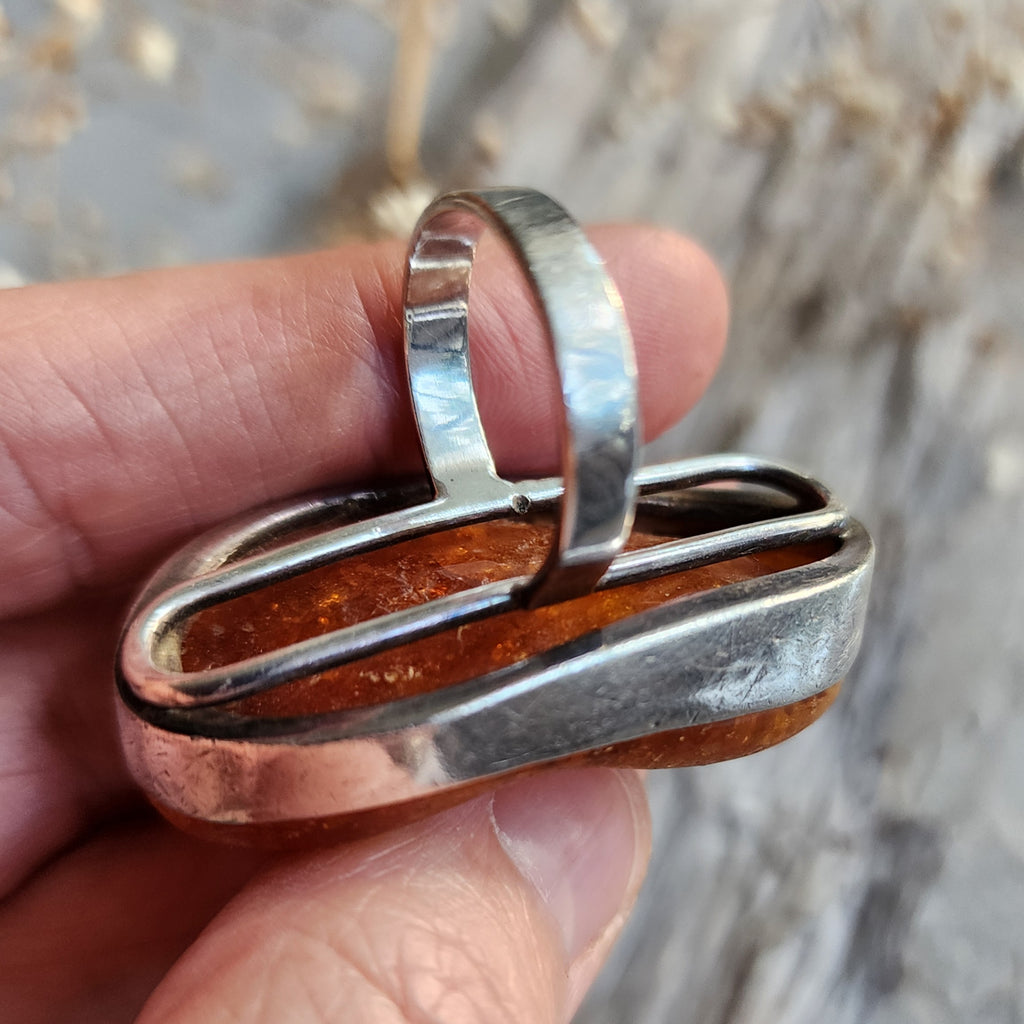 Contemp / 9.2 / Designer Jewelry Raw Amber Stone 925 Silver Ring Hypoallergenic Jewelry Ring with Natural Amber Gift for Momen