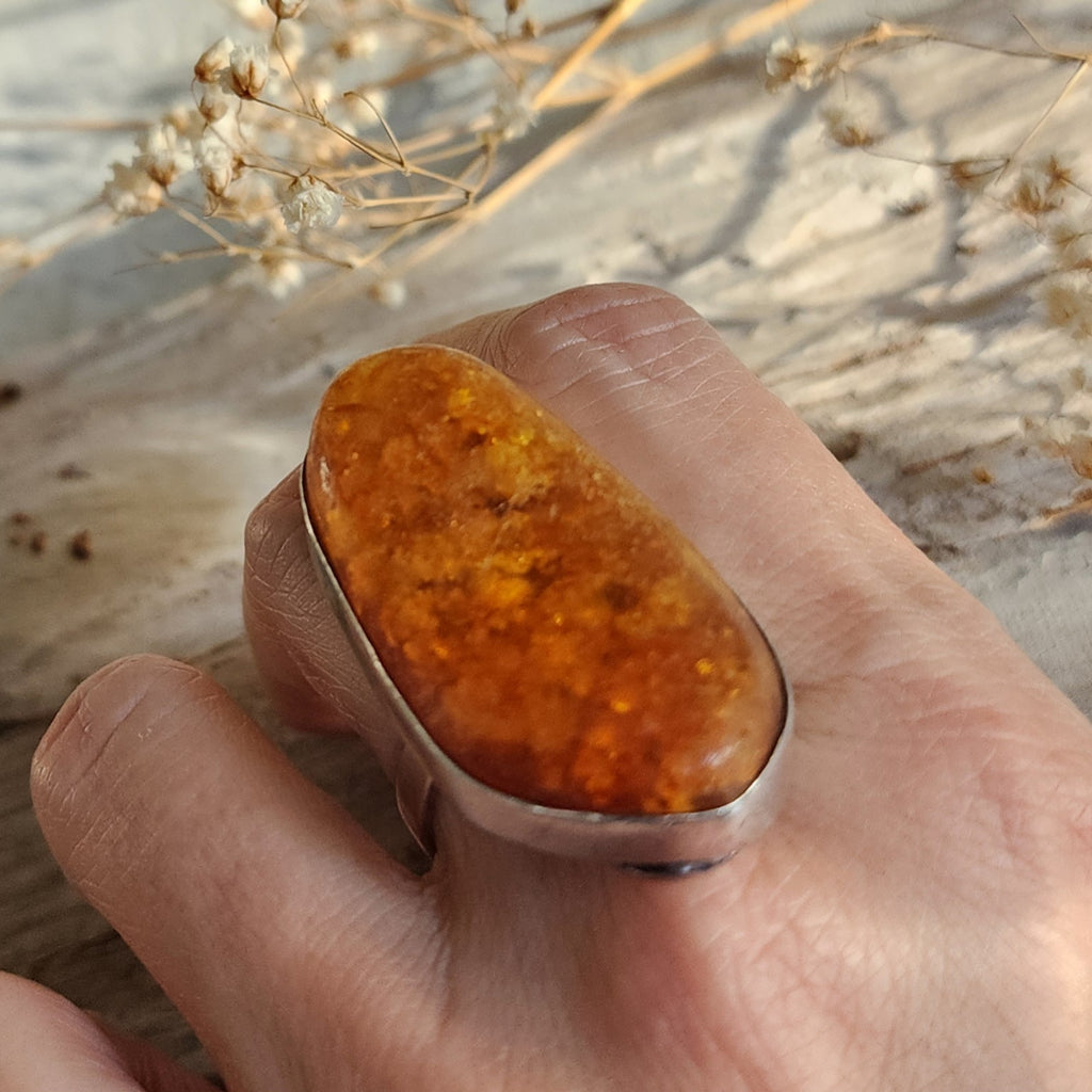 Contemp / 9.2 / Designer Jewelry Raw Amber Stone 925 Silver Ring Hypoallergenic Jewelry Ring with Natural Amber Gift for Momen