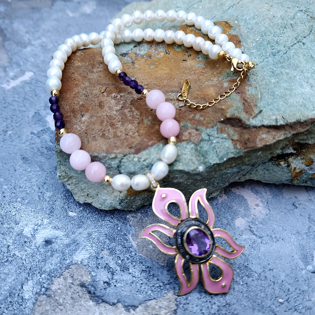 Pink Lady / Designer Jewelry Solid Sterling Silver 925 14 kt Gold Pendant Natural Amethyst Diamonds Black Freshwater Pearls Rose Quartz