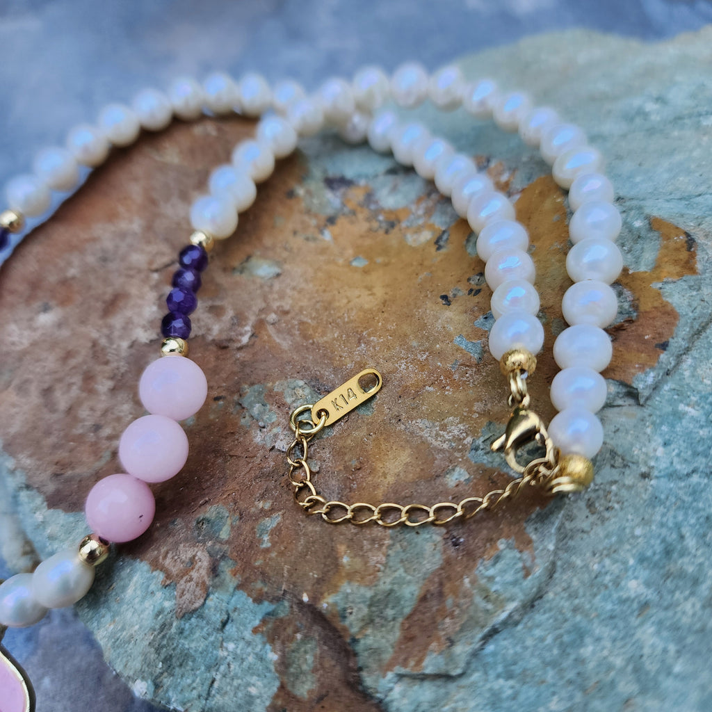 Pink Lady / Designer Jewelry Solid Sterling Silver 925 14 kt Gold Pendant Natural Amethyst Diamonds Black Freshwater Pearls Rose Quartz