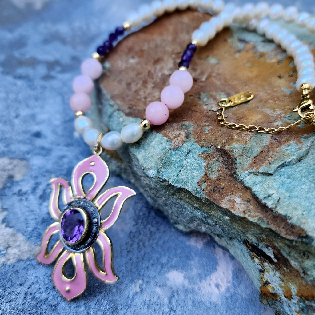 Pink Lady / Designer Jewelry Solid Sterling Silver 925 14 kt Gold Pendant Natural Amethyst Diamonds Black Freshwater Pearls Rose Quartz