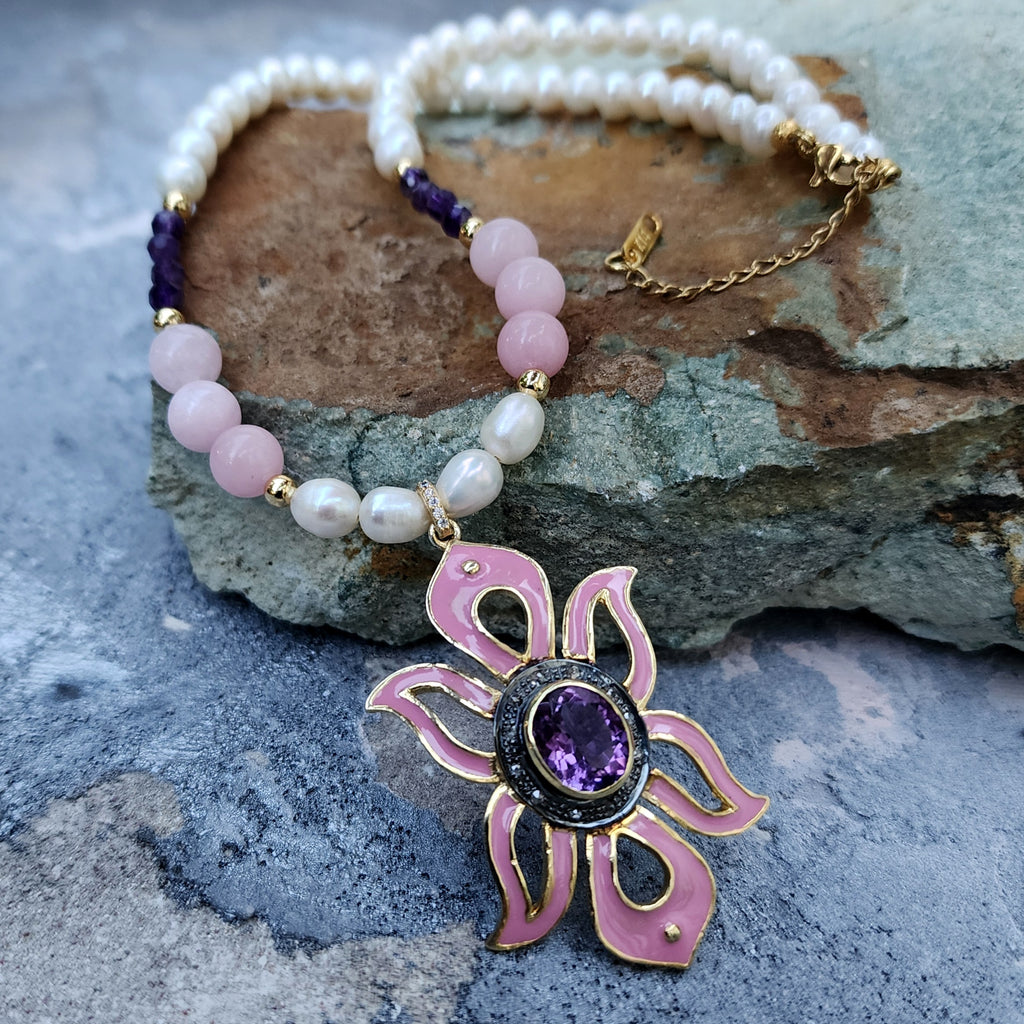 Pink Lady / Designer Jewelry Solid Sterling Silver 925 14 kt Gold Pendant Natural Amethyst Diamonds Black Freshwater Pearls Rose Quartz