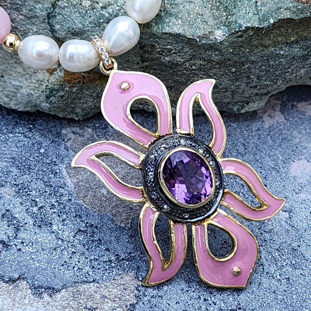 Pink Lady / Designer Jewelry Solid Sterling Silver 925 14 kt Gold Pendant Natural Amethyst Diamonds Black Freshwater Pearls Rose Quartz