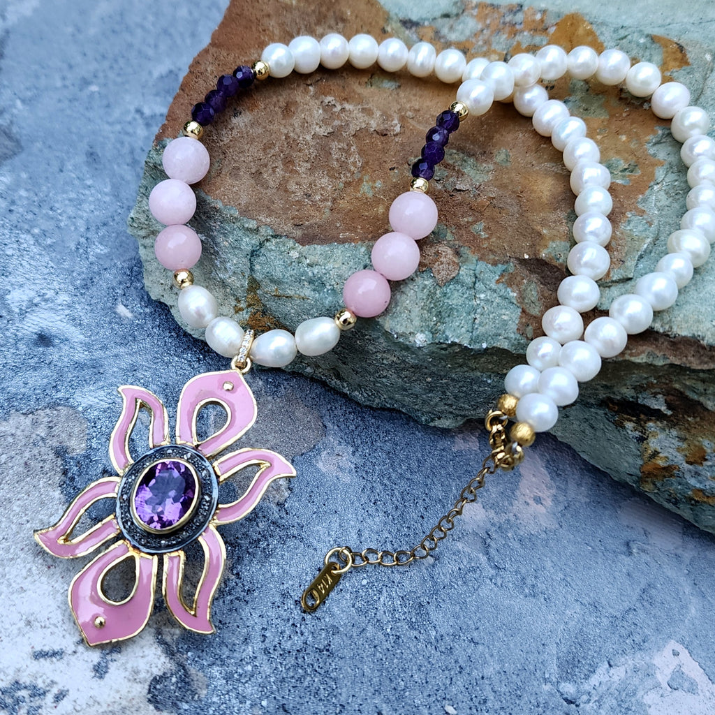Pink Lady / Designer Jewelry Solid Sterling Silver 925 14 kt Gold Pendant Natural Amethyst Diamonds Black Freshwater Pearls Rose Quartz