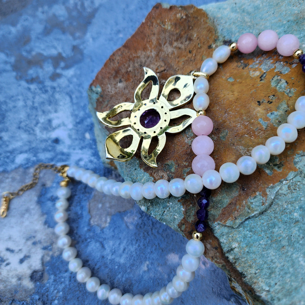 Pink Lady / Designer Jewelry Solid Sterling Silver 925 14 kt Gold Pendant Natural Amethyst Diamonds Black Freshwater Pearls Rose Quartz