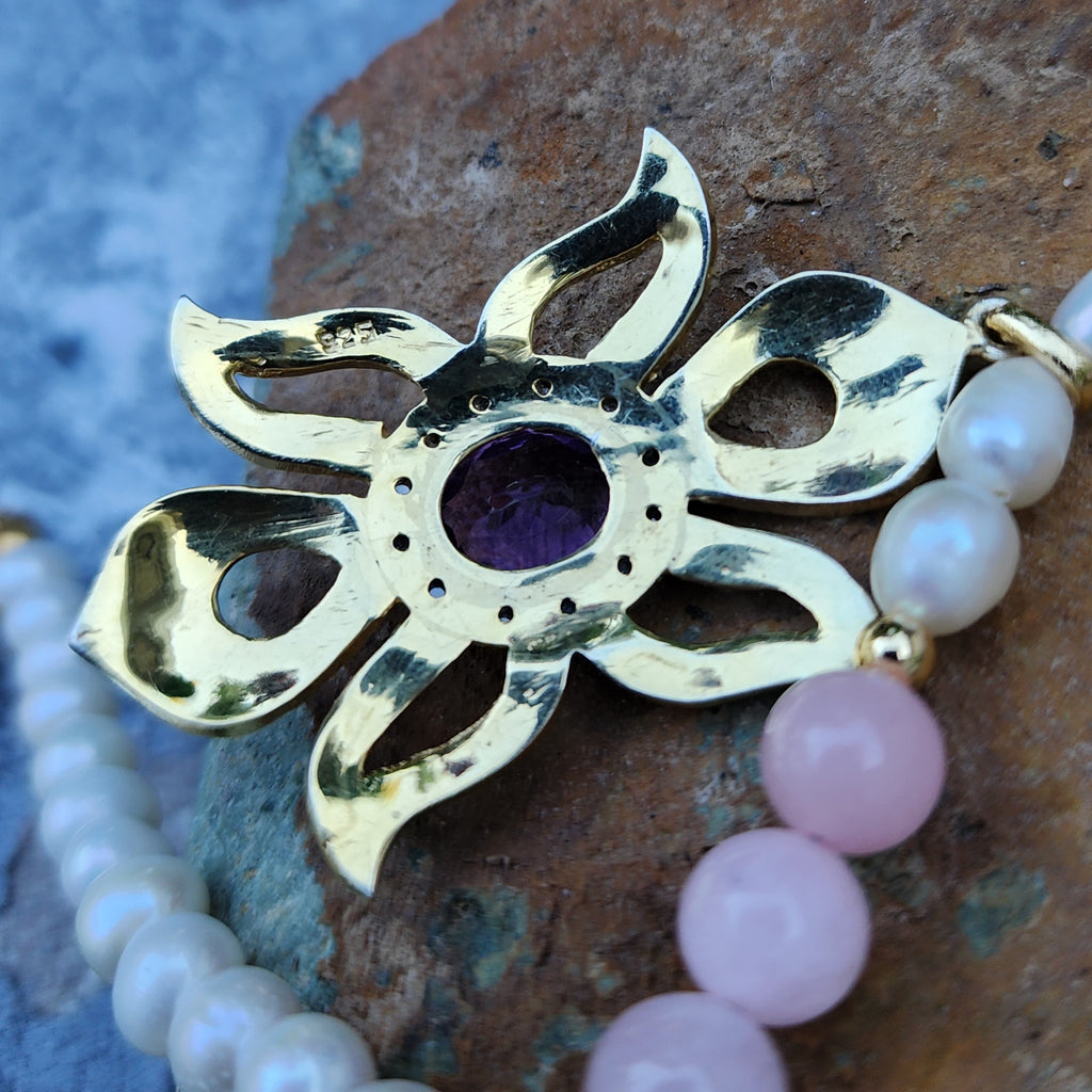 Pink Lady / Designer Jewelry Solid Sterling Silver 925 14 kt Gold Pendant Natural Amethyst Diamonds Black Freshwater Pearls Rose Quartz