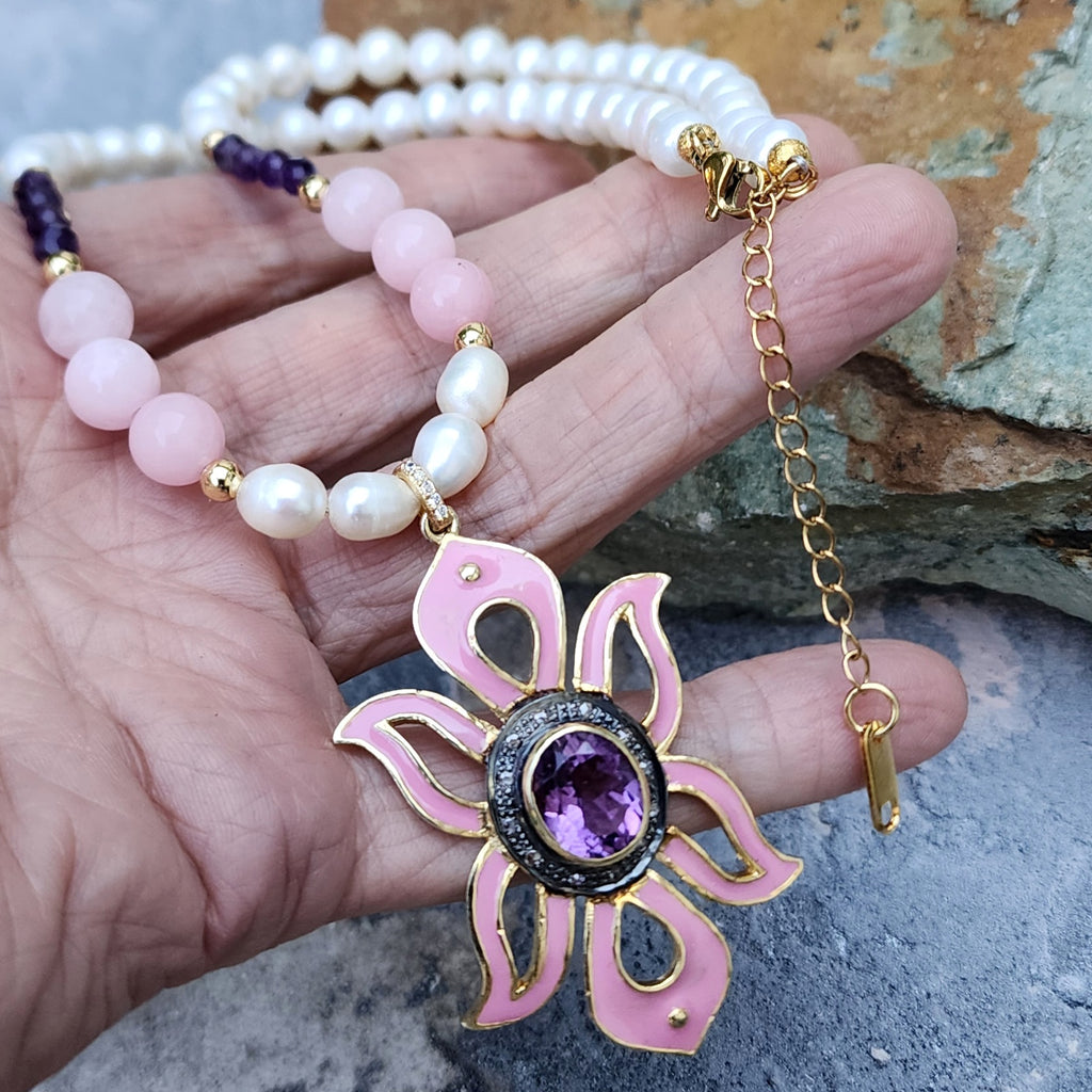 Pink Lady / Designer Jewelry Solid Sterling Silver 925 14 kt Gold Pendant Natural Amethyst Diamonds Black Freshwater Pearls Rose Quartz