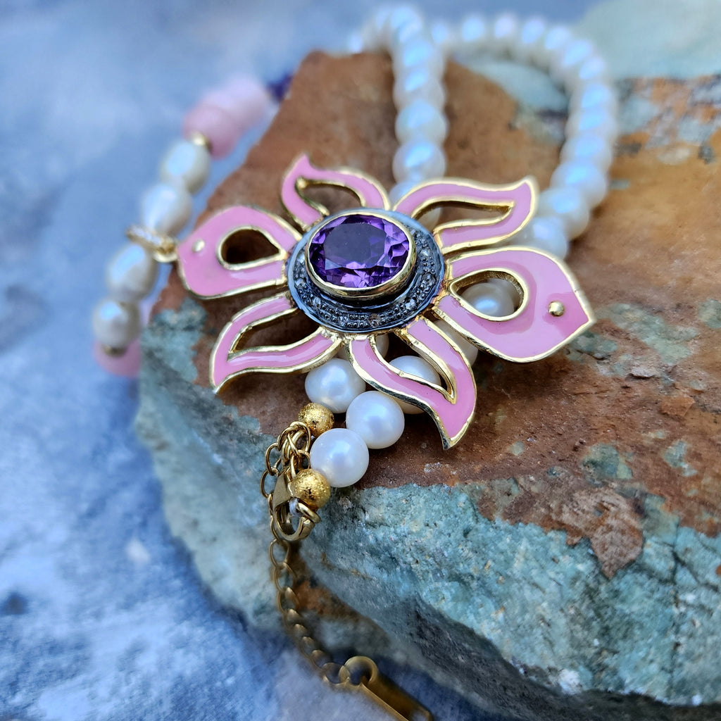 Pink Lady / Designer Jewelry Solid Sterling Silver 925 14 kt Gold Pendant Natural Amethyst Diamonds Black Freshwater Pearls Rose Quartz