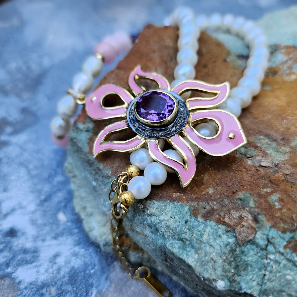 Pink Lady / Designer Jewelry Solid Sterling Silver 925 14 kt Gold Pendant Natural Amethyst Diamonds Black Freshwater Pearls Rose Quartz